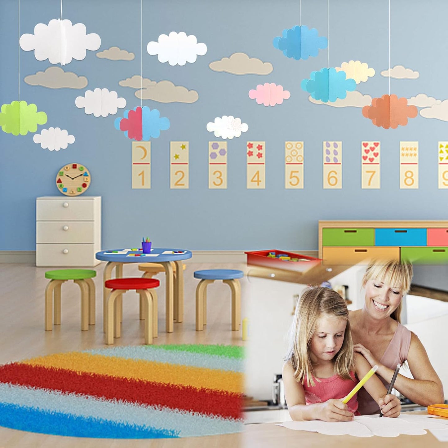 Skiennix 16 Pcs 3D Cloud Decorations - Hanging Artificial Cloud Ornaments for Nursery & Party Decor