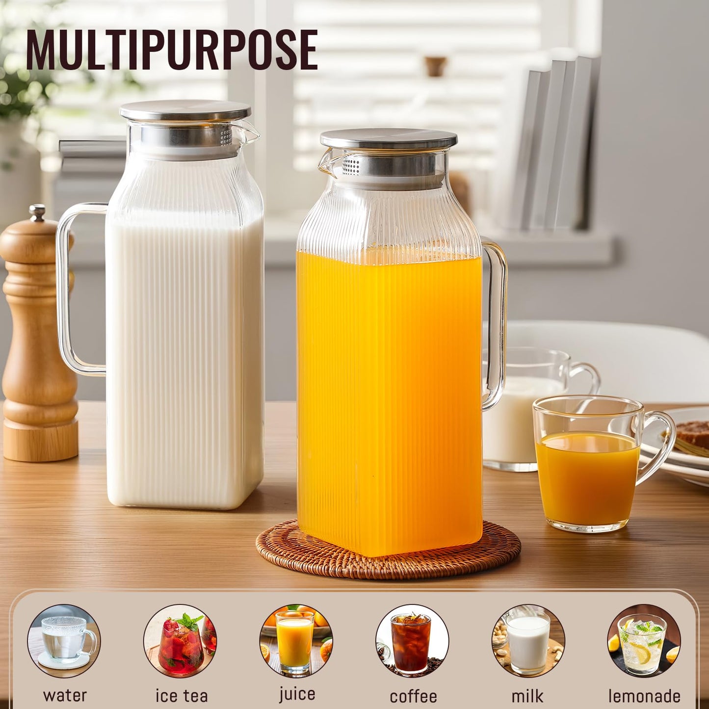 Snuvid 2 Pack 2 Liter/68 oz Square Glass Pitcher with Lid, Classic Stripes Water Pitchers with Handle for Fridge, Large Jug for Iced Tea, Borosilicate Glass Carafe for Hot/Cold Brew Drink, Silver