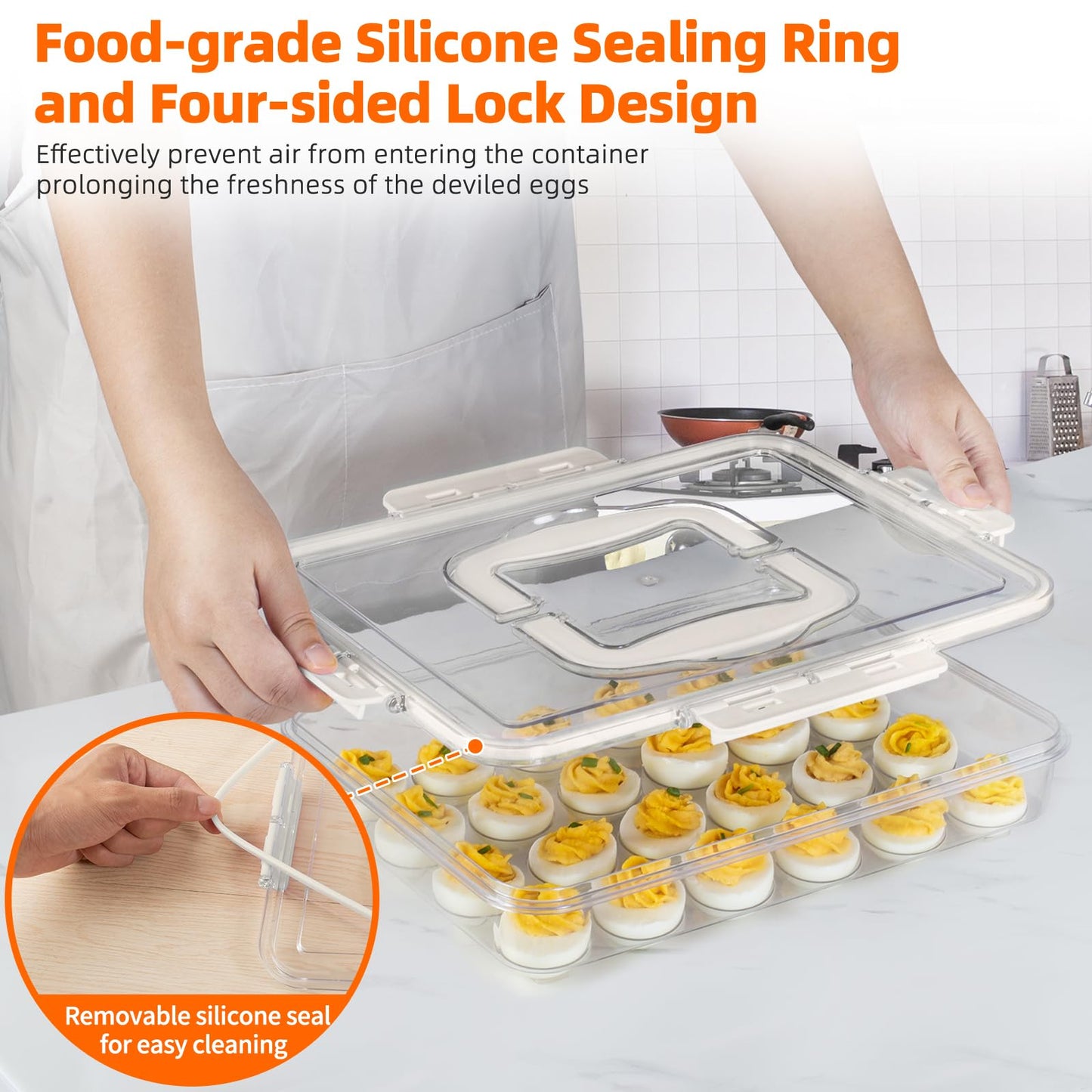 MesRosa Deviled Egg Containers with Lid and Handle, Durable Clear Plastic Deviled Egg Carrier Storage 24 Eggs, Stackable Egg Holder for Fridge, Portable Tray Platter for Party & Picnics-1 Pack White