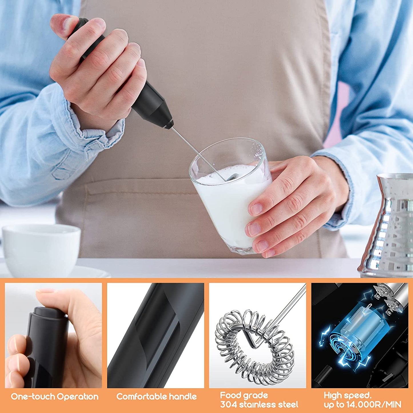 Milk Frother for Coffee, Handheld Battery Operated Electric Milk Frother for Coffee, Latte, Hot Chocolate, Macha, Portable Mini Drink Mixer Blender with Stainless Steel