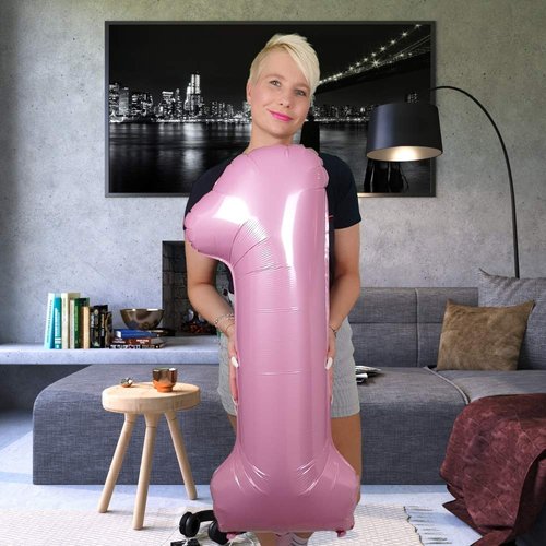 DIWULI Number Balloons 40 Inch Pastel Pink - Large Number 1 Balloon, Big Pink Balloons, Helium 1st Birthday Party Decorations Supplies Foil Balloons Numbers Girl Women, Big Balloon Years Anniversary