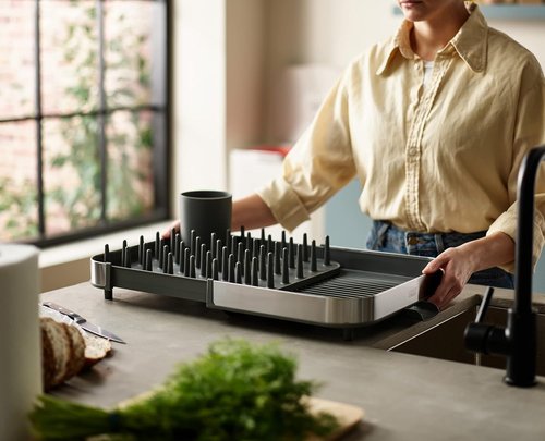 Joseph Joseph Duo Dish Drying Rack - Expanding Design with Removable Silverware Holder & Draining Spout, Stainless Steel