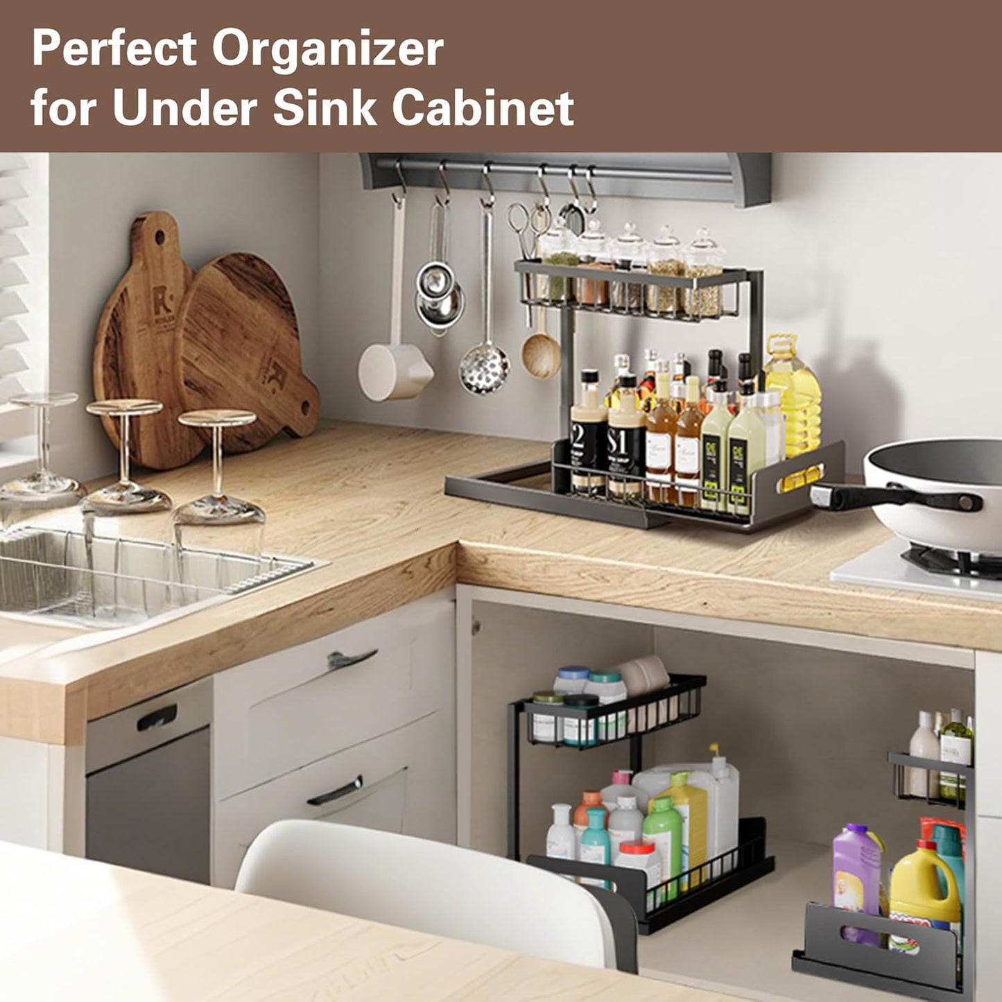VUSIGN Under Sink Organizer - 2-Tier Metal Pull-Out Shelf for Kitchen & Bathroom - Black, 2 Pack