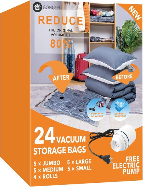 GONGSHI Vacuum Seal Bags - Space-Saving Storage for Clothes & Bedding | 24 Combo Set with Electric Pump