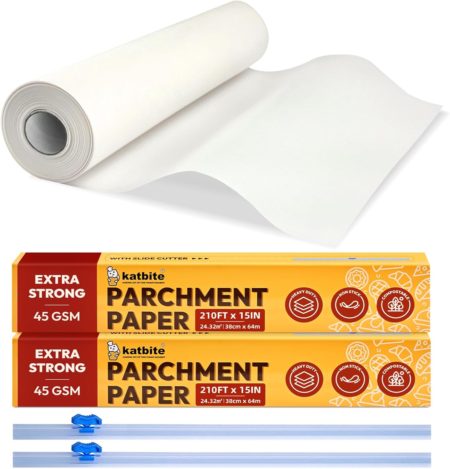 Katbite Parchment Paper Roll - Heavy Duty Non-Stick Baking Paper, 15 in x 210 ft, 2 Pack with Slide Cutter