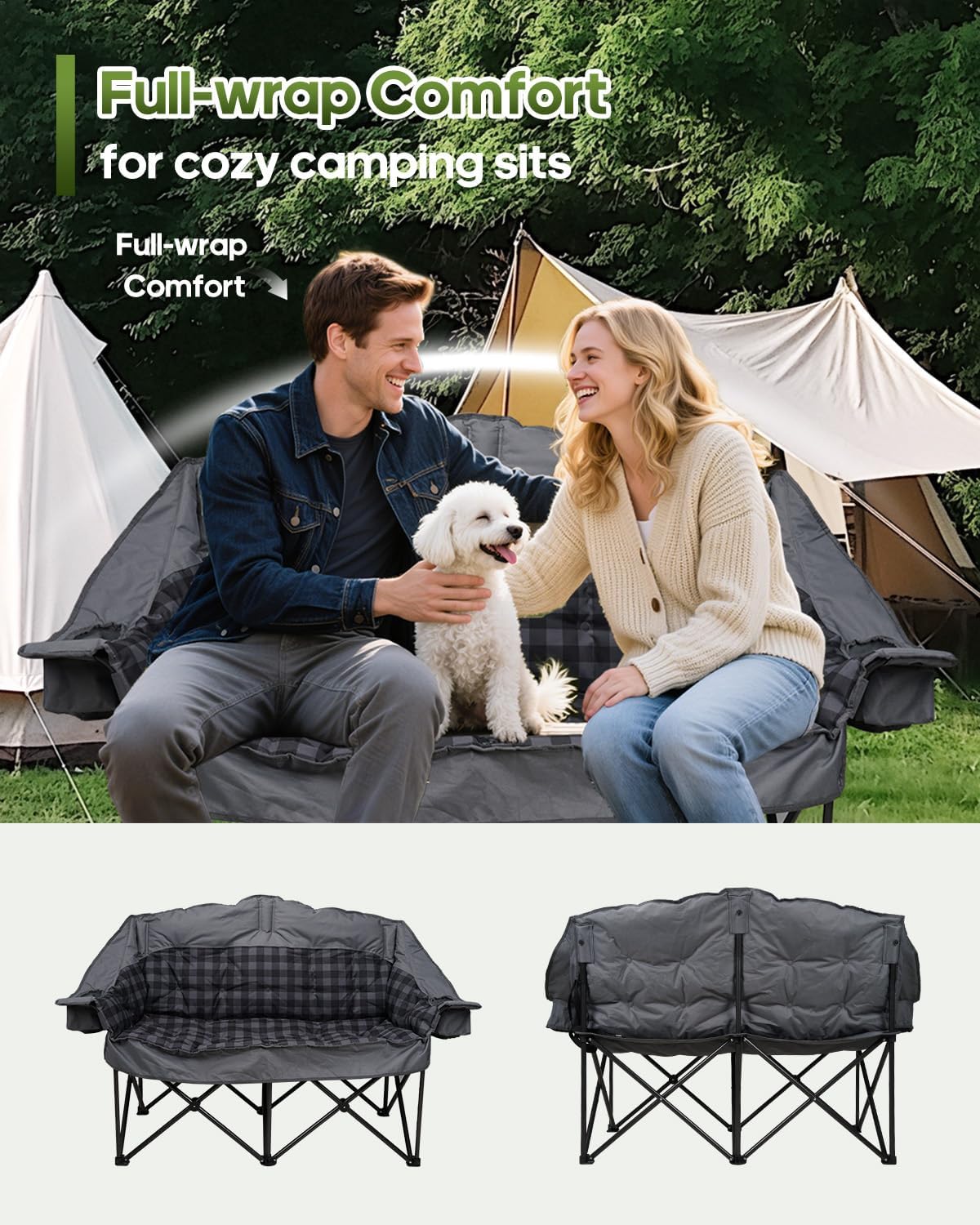 Skiennix Double Camping Chair - Padded Loveseat for 2 | Heavy-Duty Folding Couch with Cup Holders - Gray