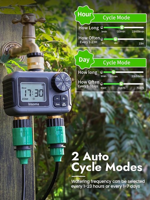 Insoma 2-Zone Water Timer - Programmable Brass Hose Faucet Timer with Auto/Manual Modes | Waterproof Garden Sprinkler System