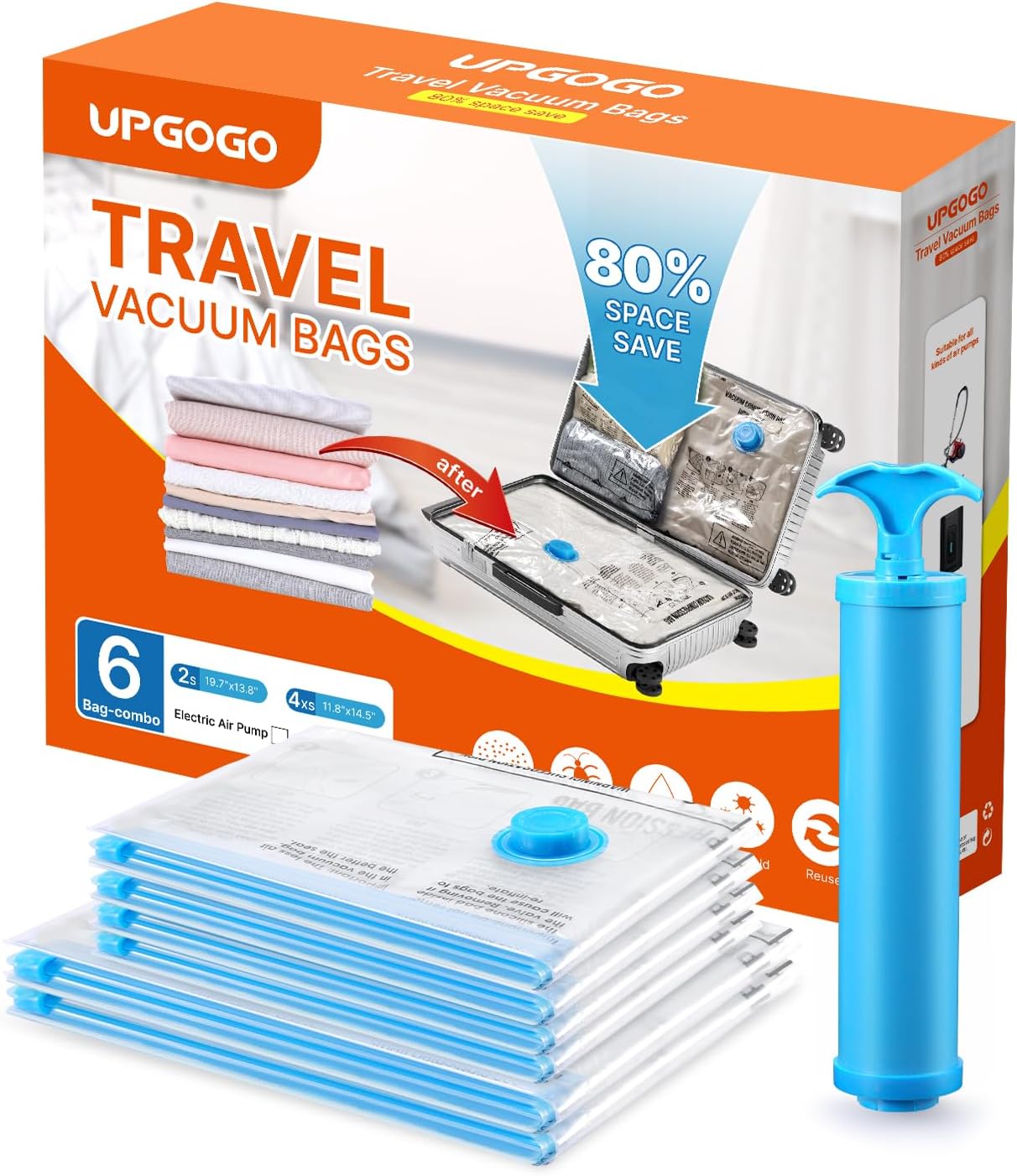 UPGOGO Vacuum Travel Bags - 6 Pack Space Saver Storage for Clothing, Blankets & Pillows