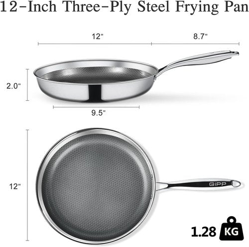 GiPP Tri-Ply Stainless Steel Frying Pan - 12 Inch Nonstick Skillet | Dishwasher & Oven-Safe, Induction Ready