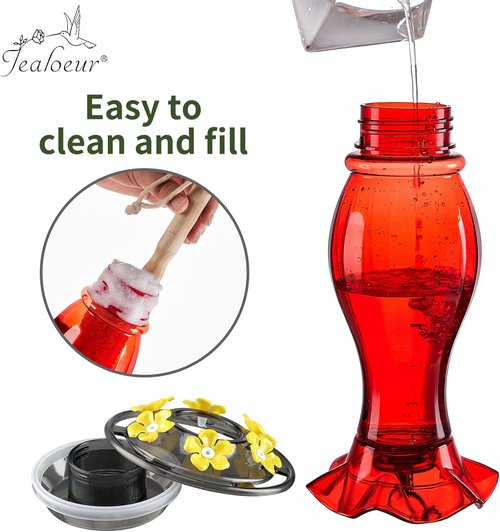 Jealoeur Hummingbird Feeder - 18 OZ Outdoor Feeder with 6 Bee Guards & Ant Moat | Easy to Clean, Red
