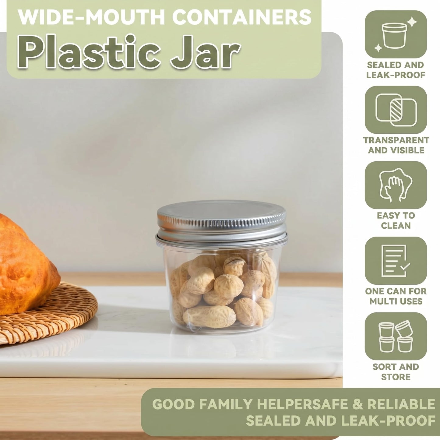 novelinks 4 oz Small Plastic Jars with Lids, 20 Pack Mini Plastic Mason Jars with Lids 4oz, Craft Storage Containers & Canning Jars & Small Spice Jars for Kitchen Organization (20 Pack,Silver)