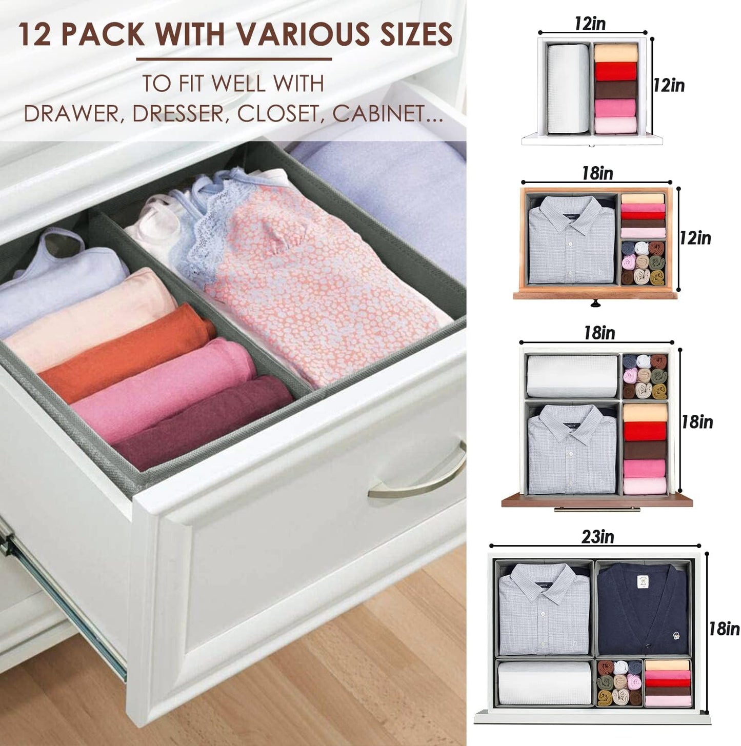 Skiennix Drawer Organizers - Foldable Clothing Storage Boxes for Closet & Dresser | 12 Pack in Grey