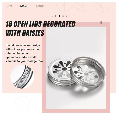 Geiserailie 16 Pcs Daisy Mason Can Jar Lids 2.75" Diameter Regular Mouth Jar Lids for Mason Canning Rustproof Daisy Cut with Straw Hole