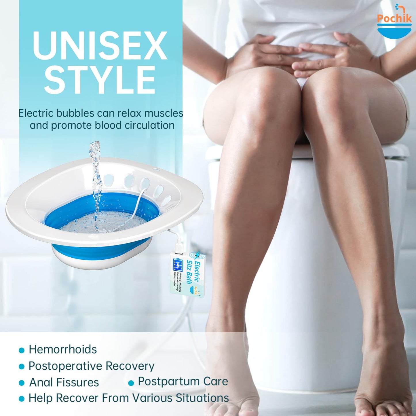 Pochik Electric Sitz Bath, Sitz Bath for Toilet Seat, Postpartum Essentials, Hemorrhoids and Postpartum Care Tub for Soak, Sits Bath Kit for Women, Collapsible, Drain Holes