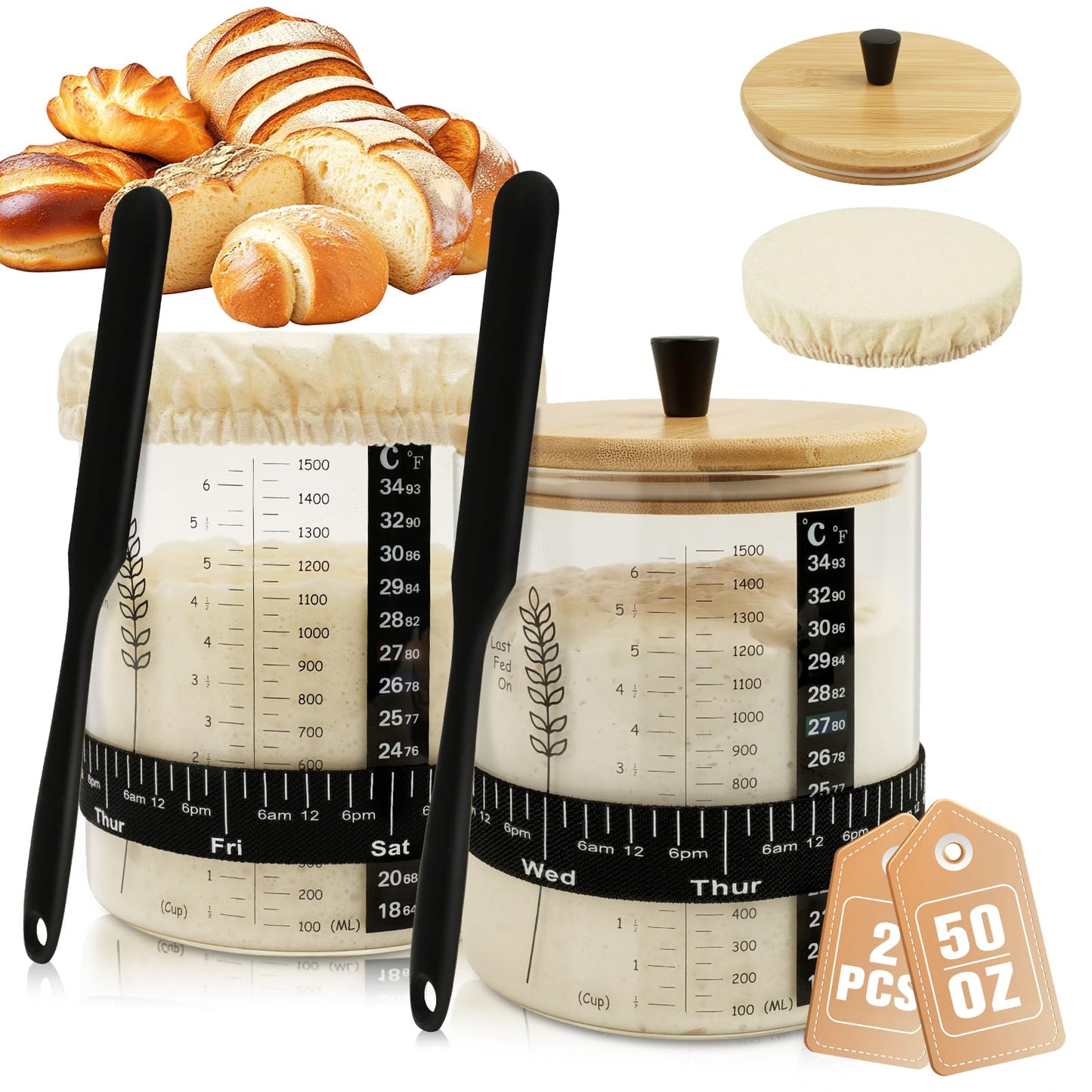 Rakovar 50oz Sourdough Starter Jar, Wide Mouth Sourdough Jar, Large Capacity Sourdough Starter Kit with Lid, Band, Date Tracker, Temp, Sourdough Bread Starter Kit for Perfect Sour Dough(2 Pack)