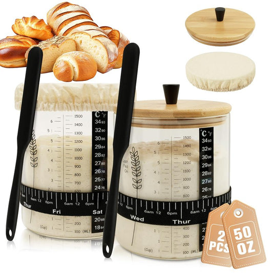 Rakovar 50oz Sourdough Starter Jar, Wide Mouth Sourdough Jar, Large Capacity Sourdough Starter Kit with Lid, Band, Date Tracker, Temp, Sourdough Bread Starter Kit for Perfect Sour Dough(2 Pack)