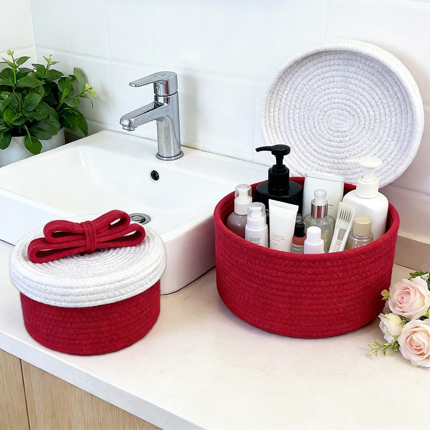 Skiennix Round Woven Rope Storage Basket - Cute Lid & Bow Handle - Ideal for Toys & Home Decor - Red