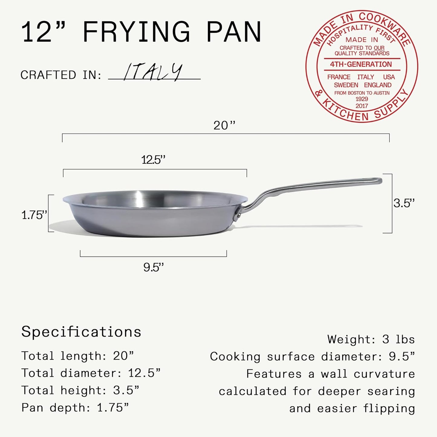Made In Cookware - 12-Inch Stainless Steel Frying Pan | 5-Ply Clad | Professional Induction Cookware