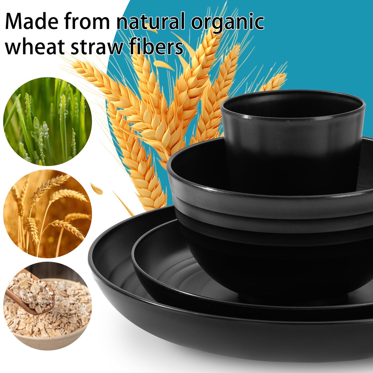 Supernal Wheat Straw Dinnerware Sets,Plates and Bowls Set, Dish Sets for 8, Unbreakable Plate for 8 Dishwasher Safe,Reusable Dinnerware Black-16pcs Plates, 8pcs Bowls, 8pcs Cups.