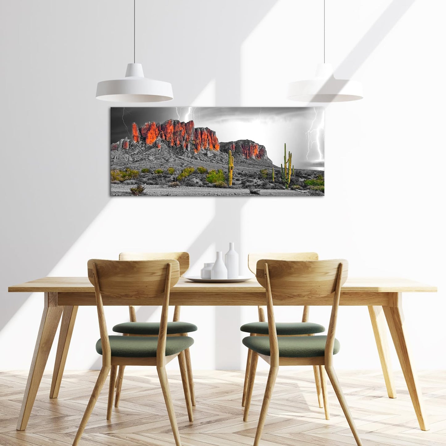 RnnJoile Cactus Landscape Wall Art Superstition Mountains Canvas Pictures Prints Desert Lightning Arizona Western Painting for Living Room Bedroom Home Decor Framed 20"x48"