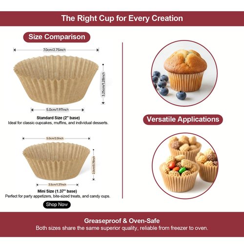 Eoonfirst Natural Mini Cupcake Liners, Food Grade Greaseproof Paper Baking Cups, Non-Stick Muffin Wrappers Cups, 400 Pcs