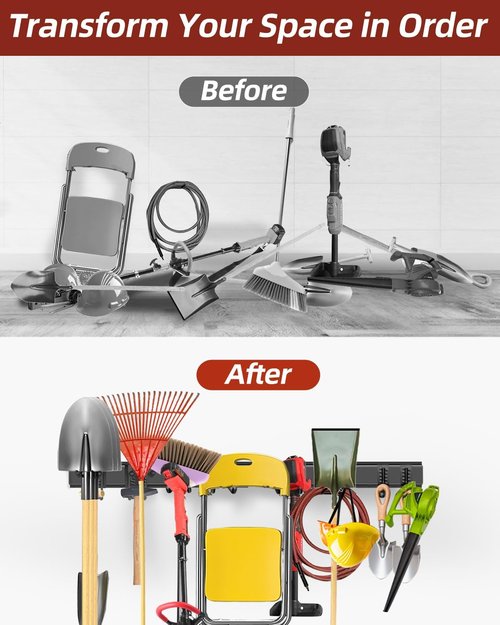 Garage Storage Tool Organizer by [Brand Name] - 48-Inch Heavy Duty Metal Rack with 8 Hooks for Garden Tools