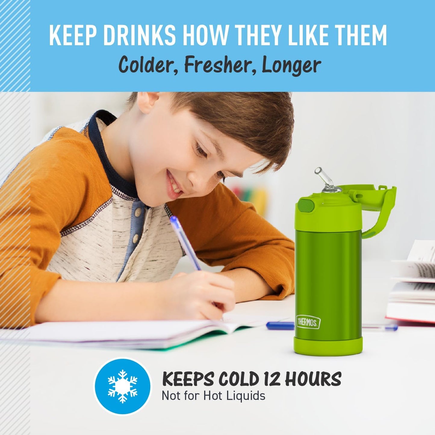 THERMOS FUNTAINER Water Bottle - 12 Ounce Kids Stainless Steel Vacuum Insulated with Straw - Lime
