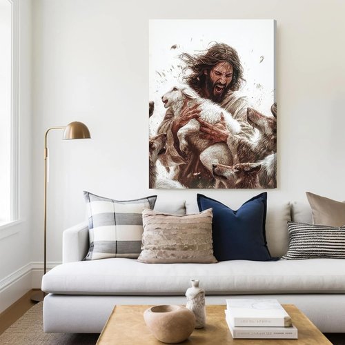 Jesus And Lamb Canvas Wall Art - Christian Home Decor | Gospel of Matthew Painting 12x16in Framed
