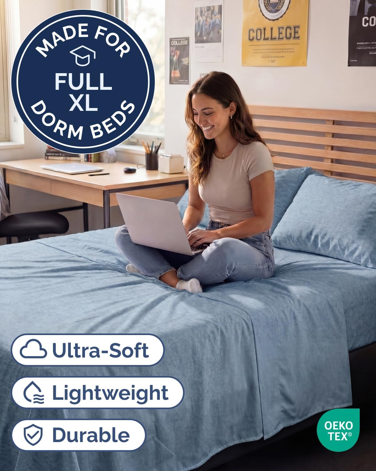 Skiennix Full XL Bed Sheet Set - 4-Piece Soft, Breathable & Cooling Bedding - Deep Pockets, Fade & Wrinkle Free - Heathered Blue