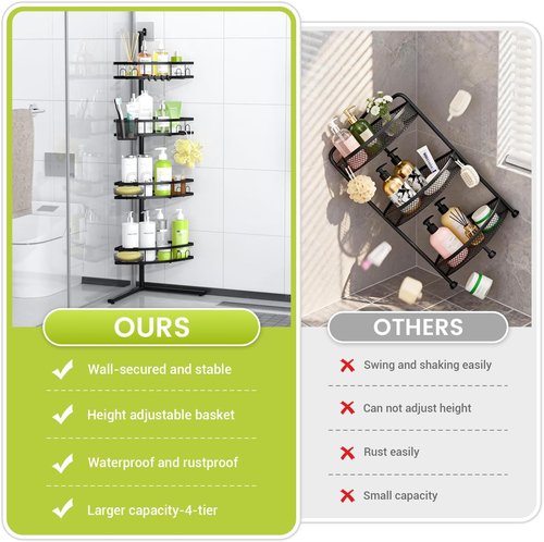 Aitatty Corner Shower Caddy - 4-Tier Rustproof Bathroom Organizer Shelf - Black Floor Rack