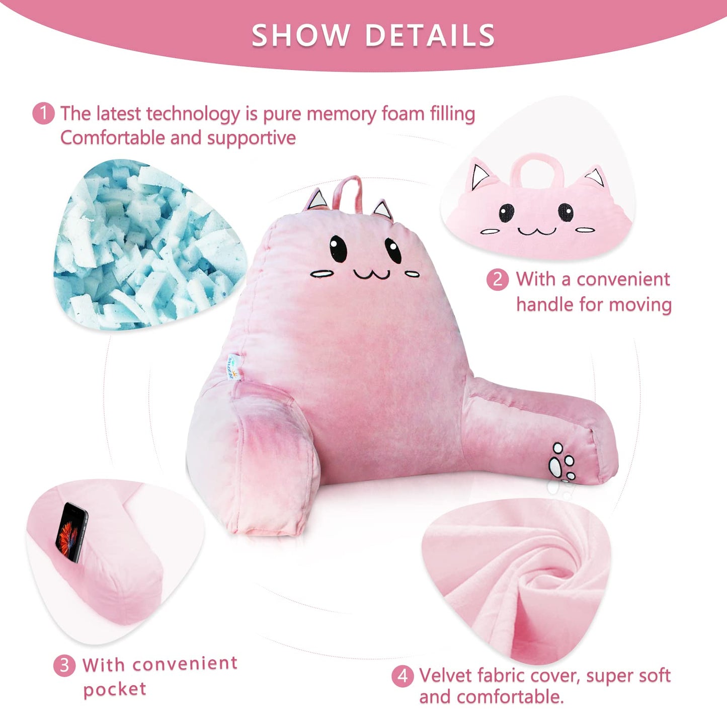 SUNSIDE Kitty Reading Pillow,Detachable Back with Arms for Sitting Up Bed