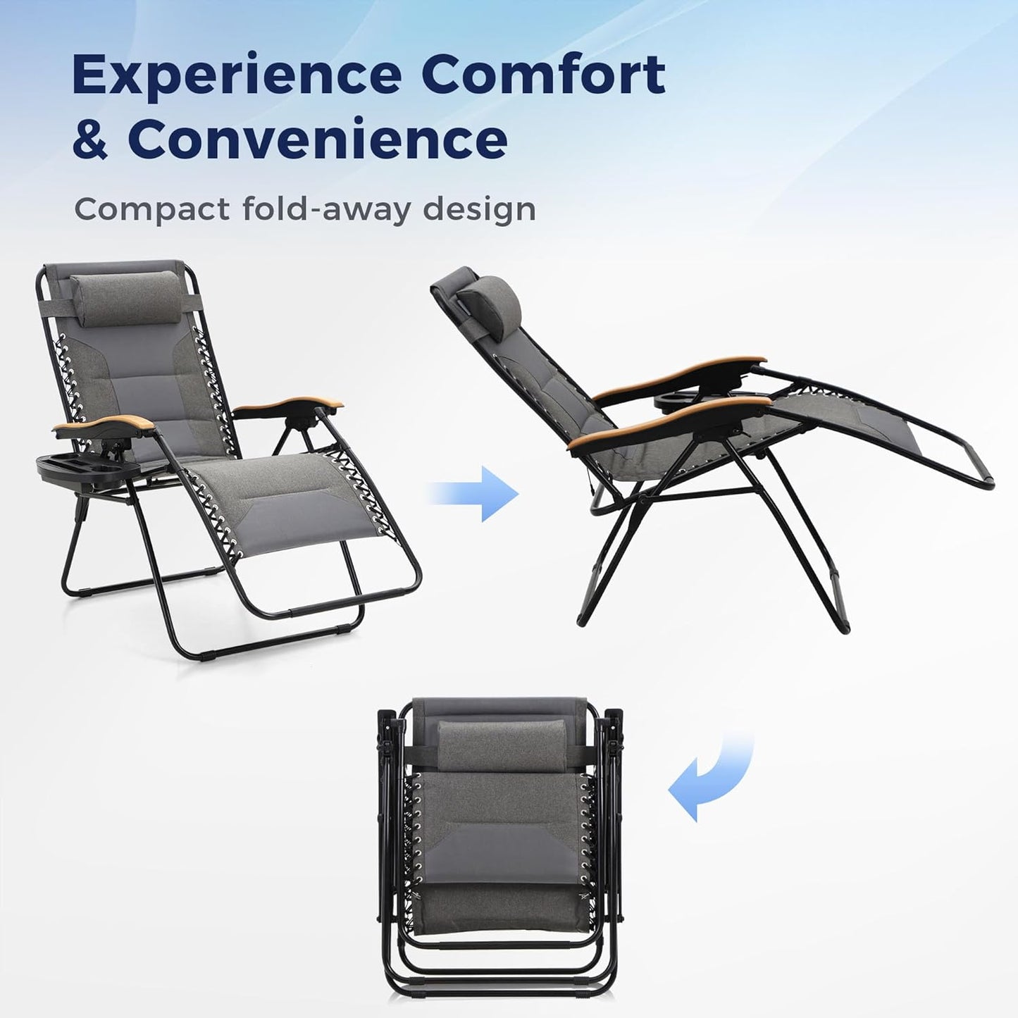 MAISON ARTS Oversized XXL Padded Zero Gravity Chair Set of 2 - 30" Wide Foldable Recliner | Supports 400lbs, Grey with Cup Holder & Pillow