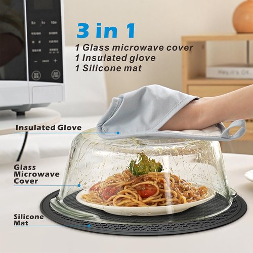 Glass Microwave Splatter Cover with Glove & Mat for Food 10in Glass Plate Cover with 4 Vents Non Plastic Microwave Cover with Easy Grip Silicone Knob BPA Free Food Grade Dishwasher Safe Heavy Duty