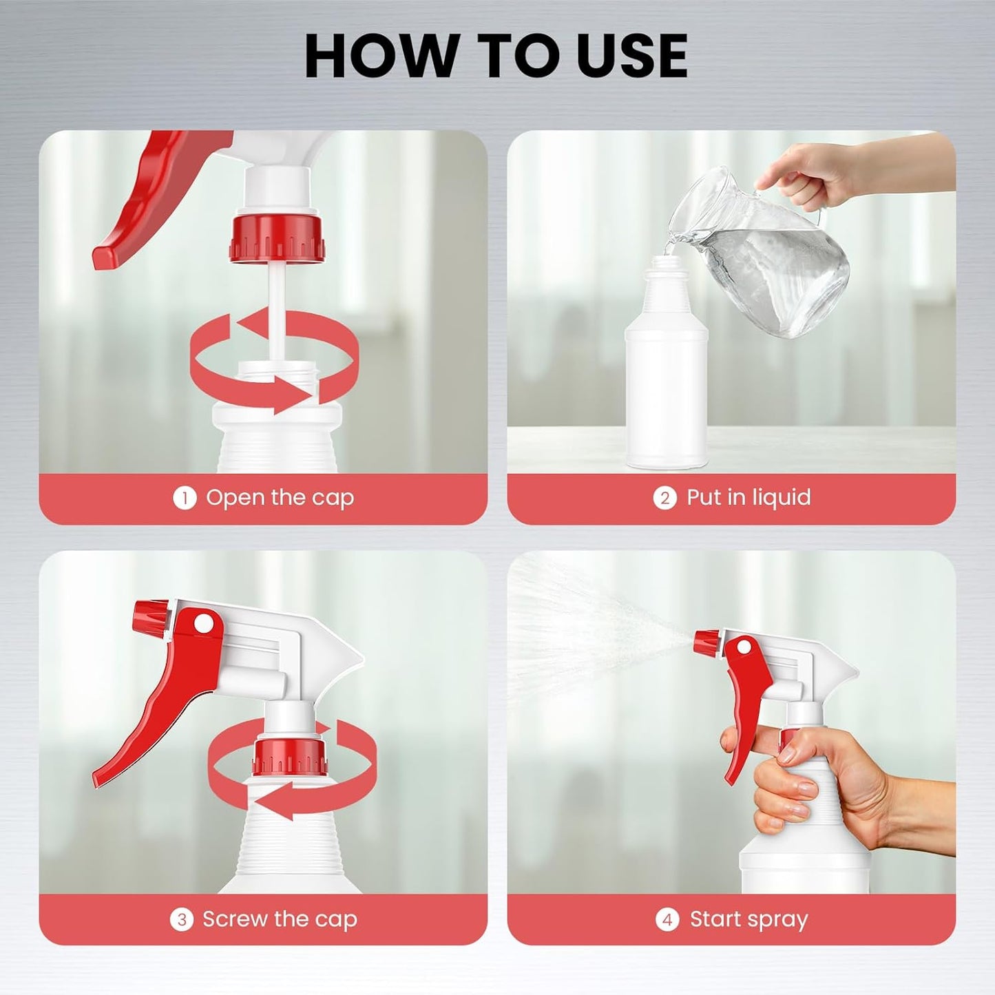 LiBa Spray Bottles - 4 Pack 16 Oz Refillable Empty Spray Bottles for Cleaning & Hair Care | Flexible Nozzles