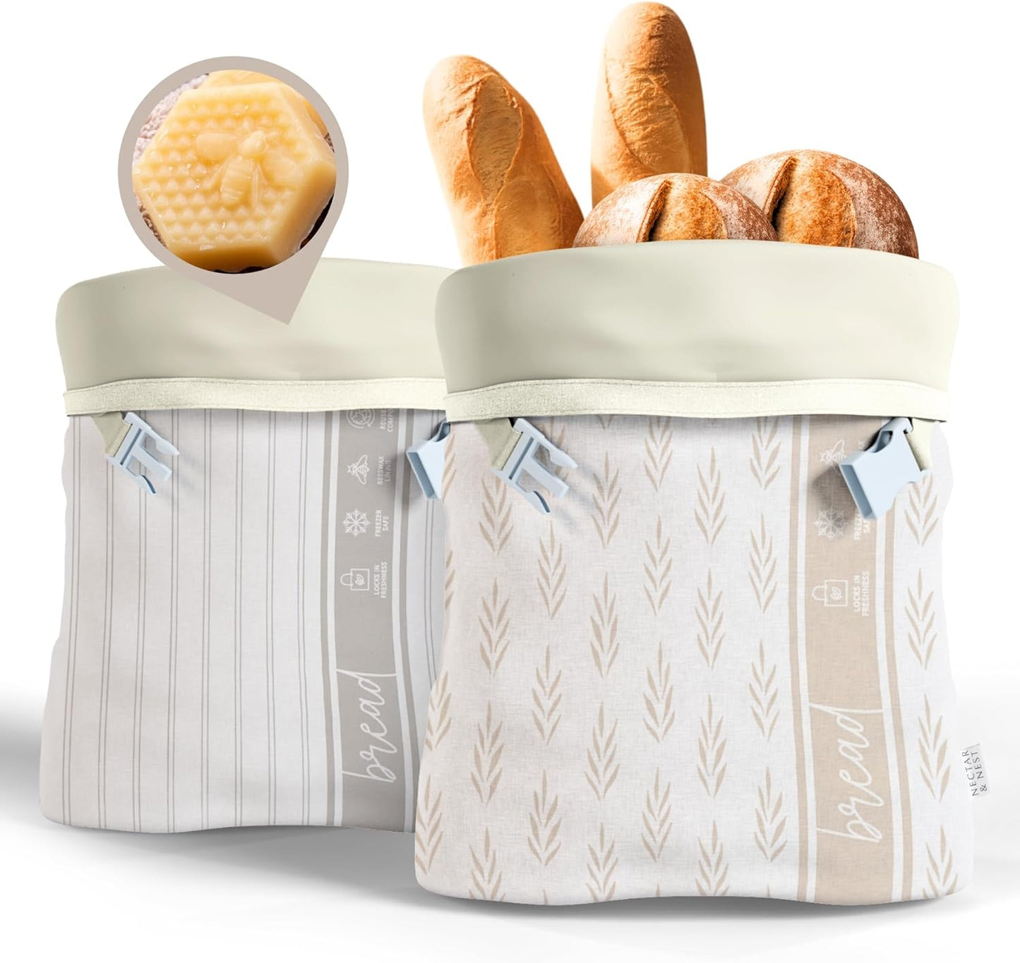 Nectar & Nest Reusable Beeswax Bread Bags - XL Eco-Friendly Storage for Homemade Bread & Sourdough