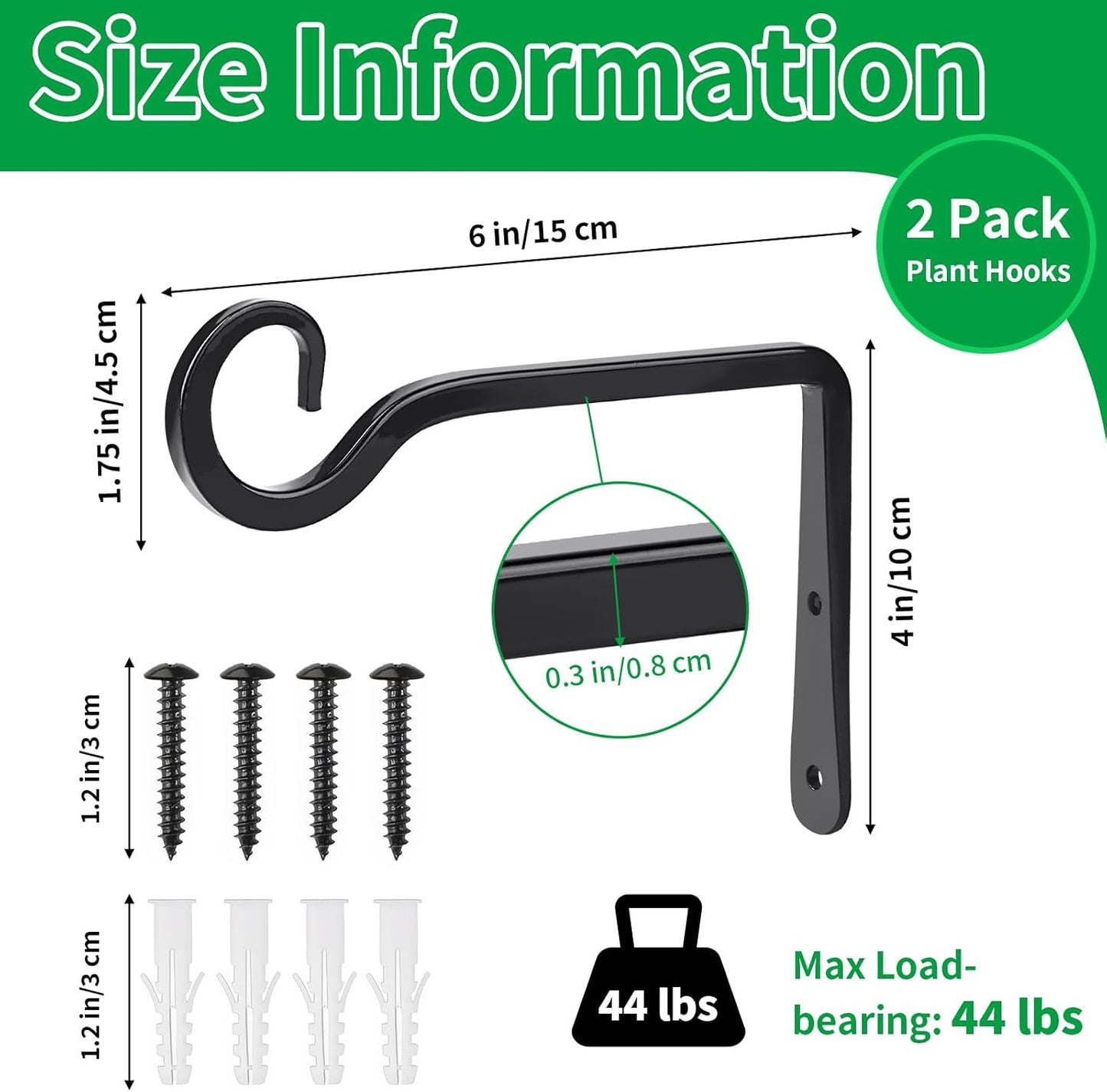 MOWPOG Plant Hangers - 6 Inch Metal Hanging Hooks for Indoor/Outdoor Use | 2 Pack in Black