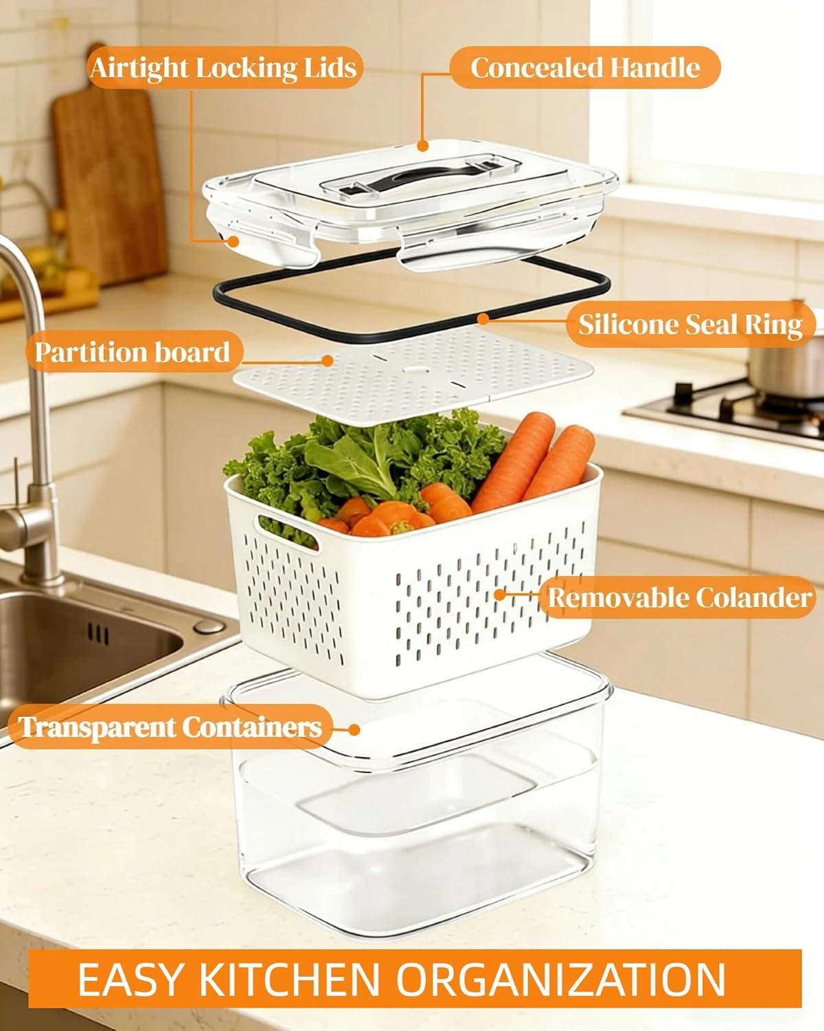 SnowSky 4PCS 2-in-1 Fruit & Veggie Fresh Box - Airtight Leak-Proof Storage with Detachable Colander & Divider