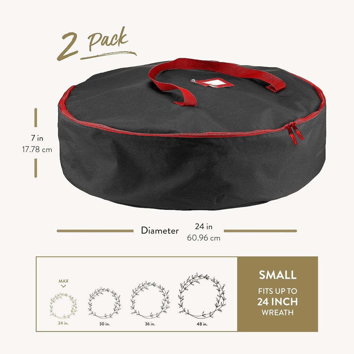 ZOBER 24-Inch Oxford Christmas Wreath Storage Container - Waterproof Dual Zipper Bag with Durable Handles - Black