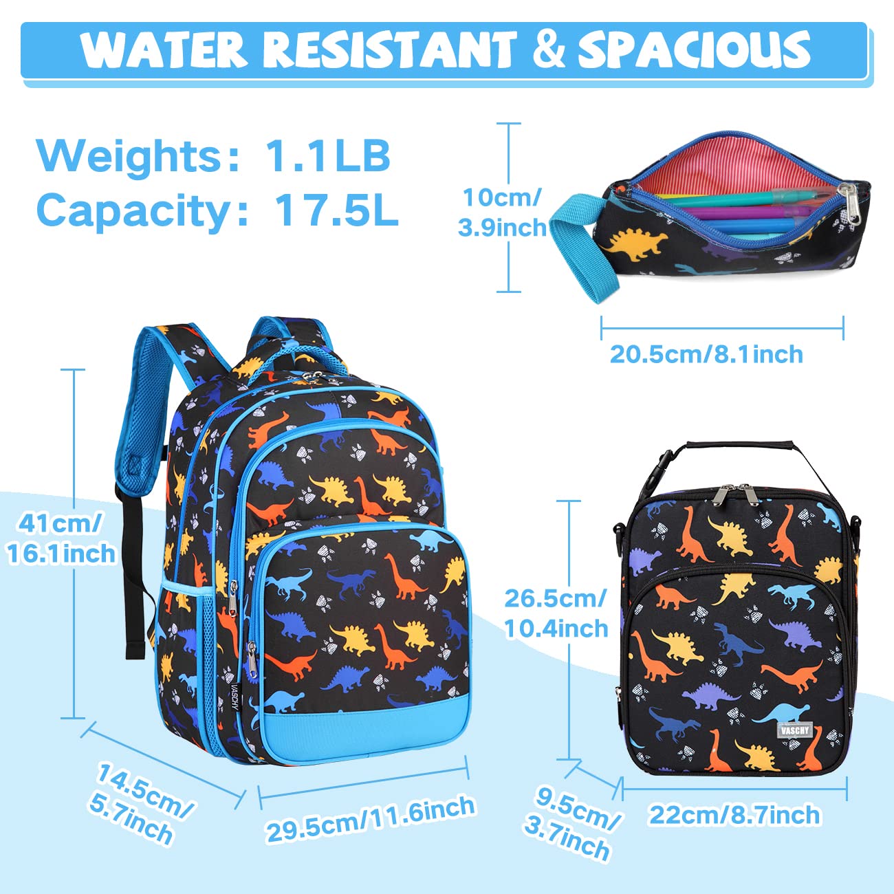VASCHY Kids School Backpack Lunch Box Bag Pencil Case Combo, Children BookBag Schoolbag Set for Preschool/Kindergarten/Elementry School Supplies Boys Girls Black Dinosaurs