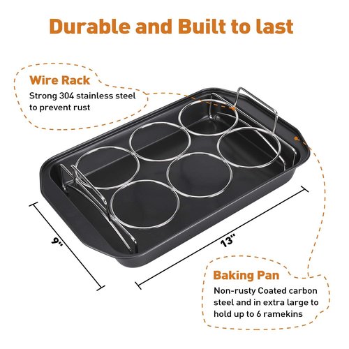 Creme Brulee Making Set - 6 Porcelain Ramekins 6 oz, 304 Stainless Steel Lifting Rack, 9" X 13" Bottom Pan