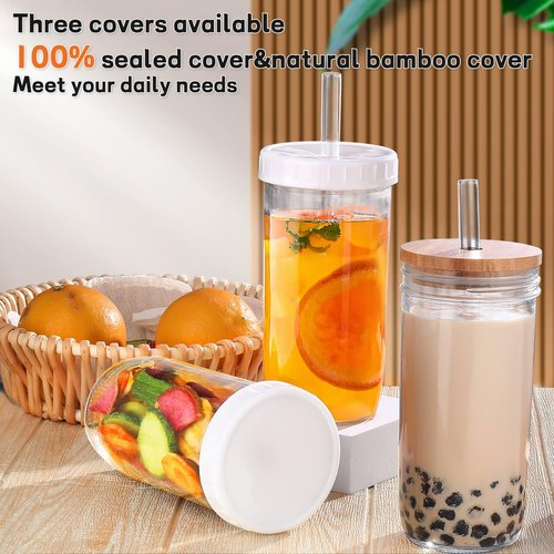 DWTS DANWEITESI Glass Cups - 24 oz Reusable Smoothie & Iced Coffee Mason Jars with Lids & Straws | 4 Pack