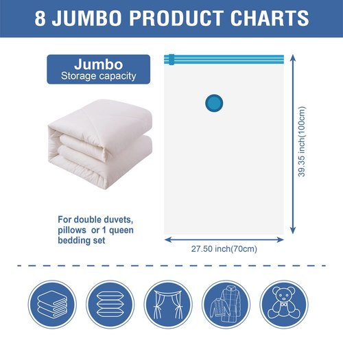 Cozy Essential Vacuum Storage Bags, Compression Space Saver Bags for Clothes, Comforters, Blankets, Pillow, Bedding, Sealer Clothing Storage,8 Jumbo