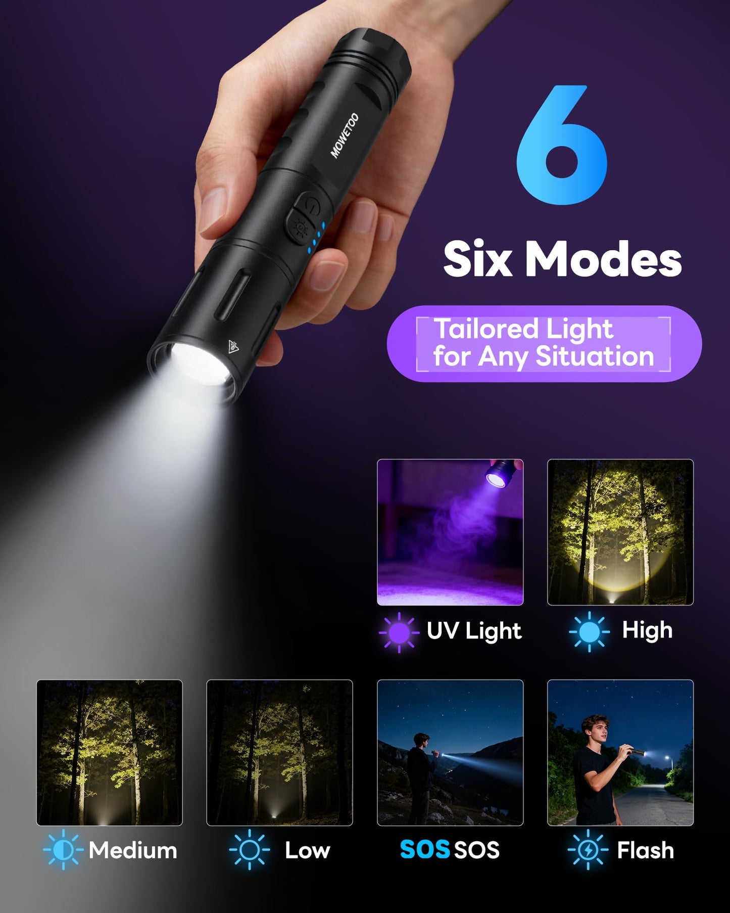UV Black light Flashlight，Rechargeable 2-in-1 LED White Light Flashlight and BlackLight 395nm, Waterproof, Zoomable, Super Bright LED for Camping, Hiking, Pet Urine Detection, Scorpion Detection
