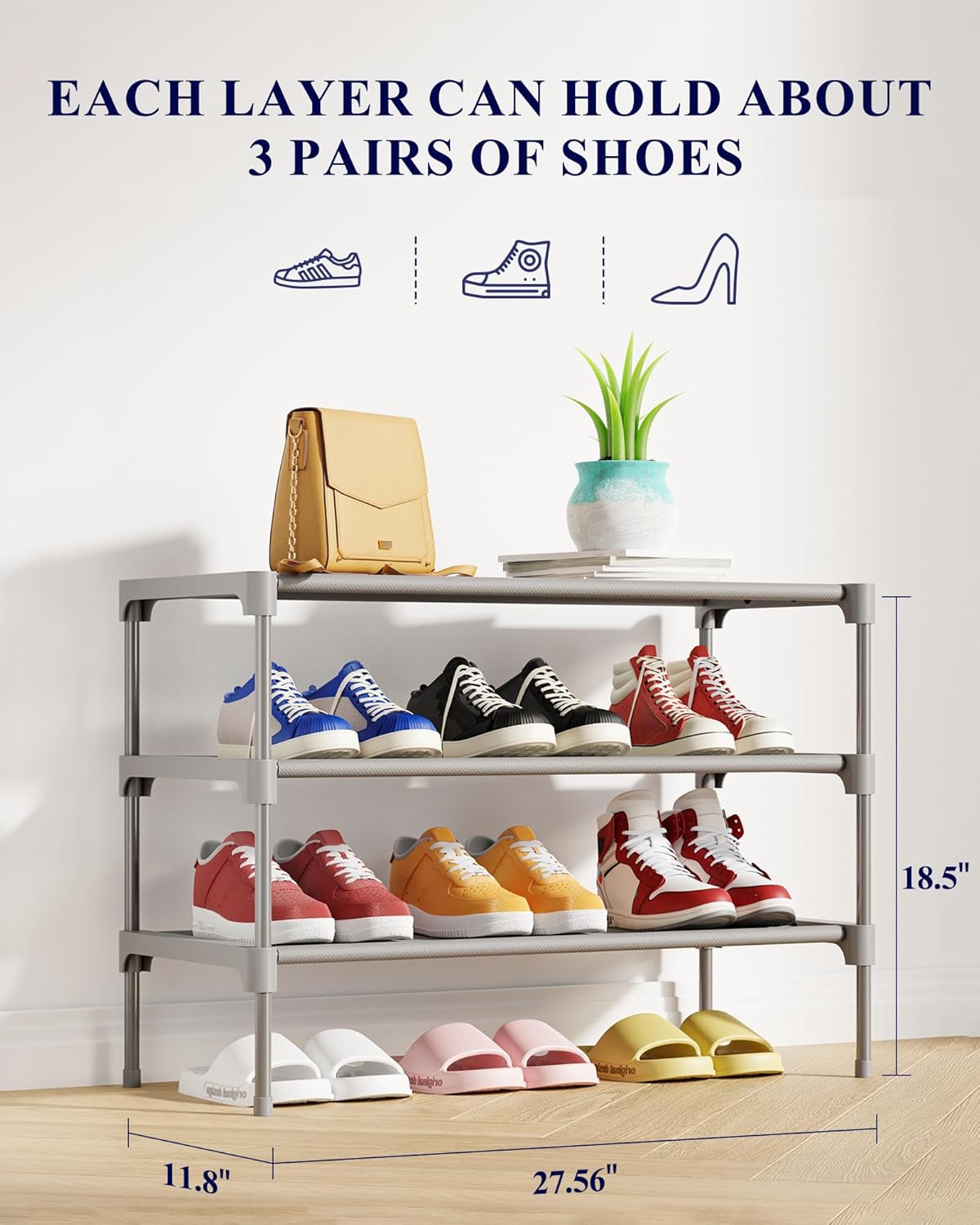 Kitsure Shoe Rack - Stackable Non-Woven Shoe Organizer for Closet & Entryway - 3 Tier, 27.5" Wide, Grey