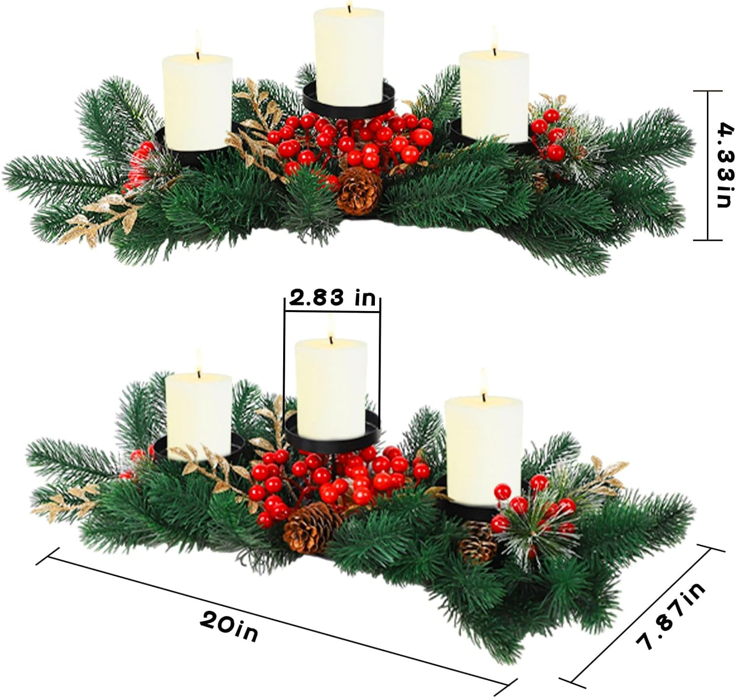 MorTime Christmas Centerpiece - 3 Candle Holders with Red Berries & Pine Cones | Indoor Table Decor