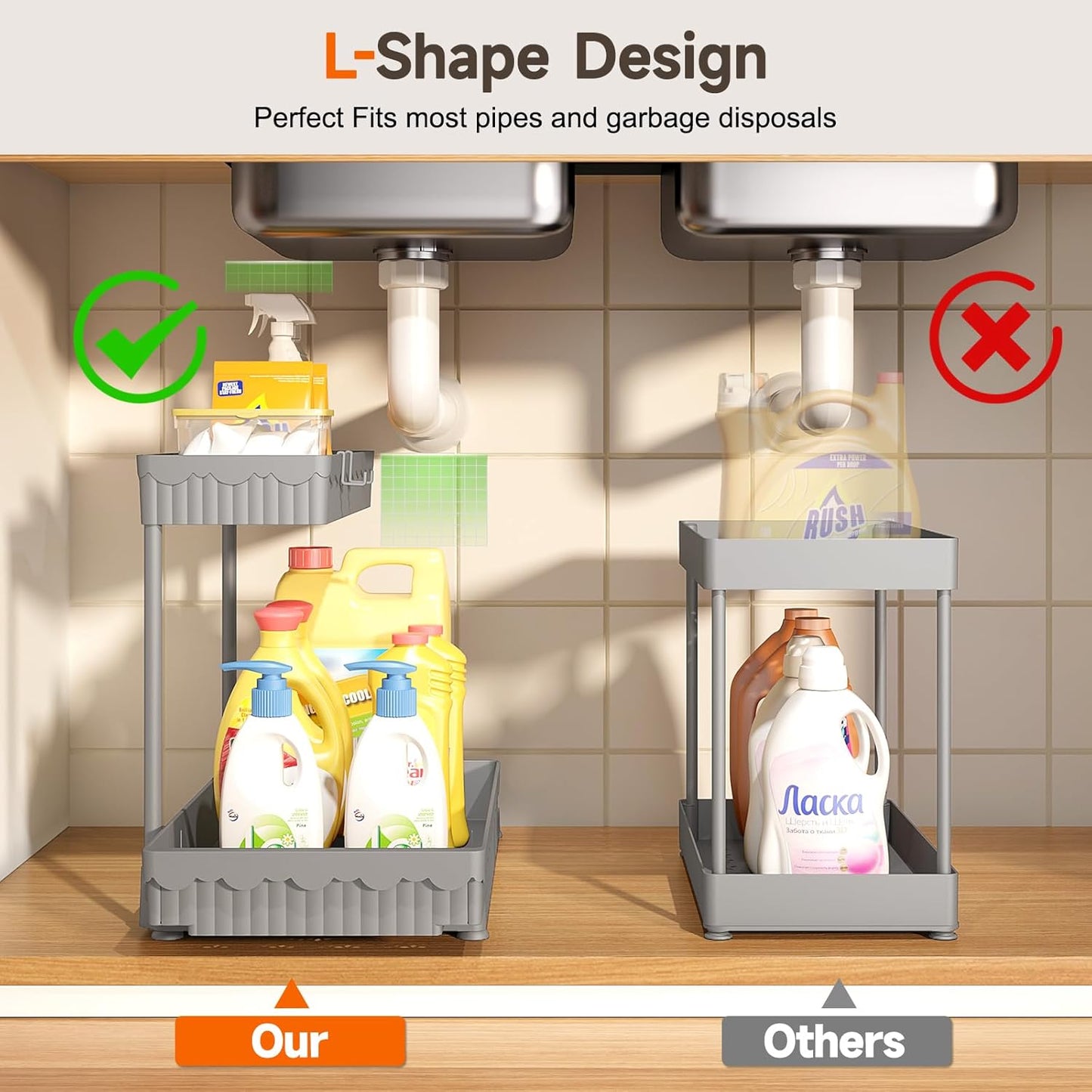 Sevenblue Multi-Purpose Under Sink Organizers - 3 Pack L-Shaped Cabinet Storage (Grey, 14.85 Inch)