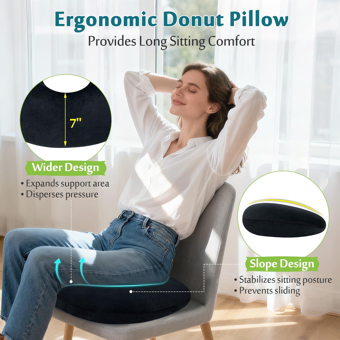 AOSSA Donut Pillow for Hemorrhoids & Tailbone Pain, Bed Sore Cushions for Butt, BBL Pillow After Surgery for Sleeping, Ergonomic Pressure Relief Seat Cushion for Sciatica, Postpartum (Black)