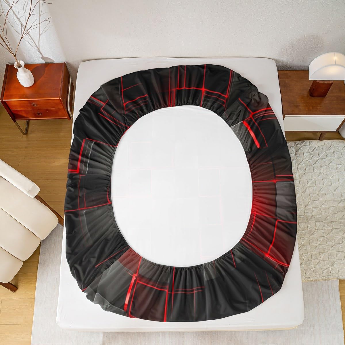 Manfei Abstract Sheet Set Full Size, Modern Geometric Square Grid Bedding Set for Kids Boy Girl Room Decor, Red and Black Bed Sheet Set 4pcs with Deep Pocket Fitted Sheet + Flat Sheet + 2 Pillowcases