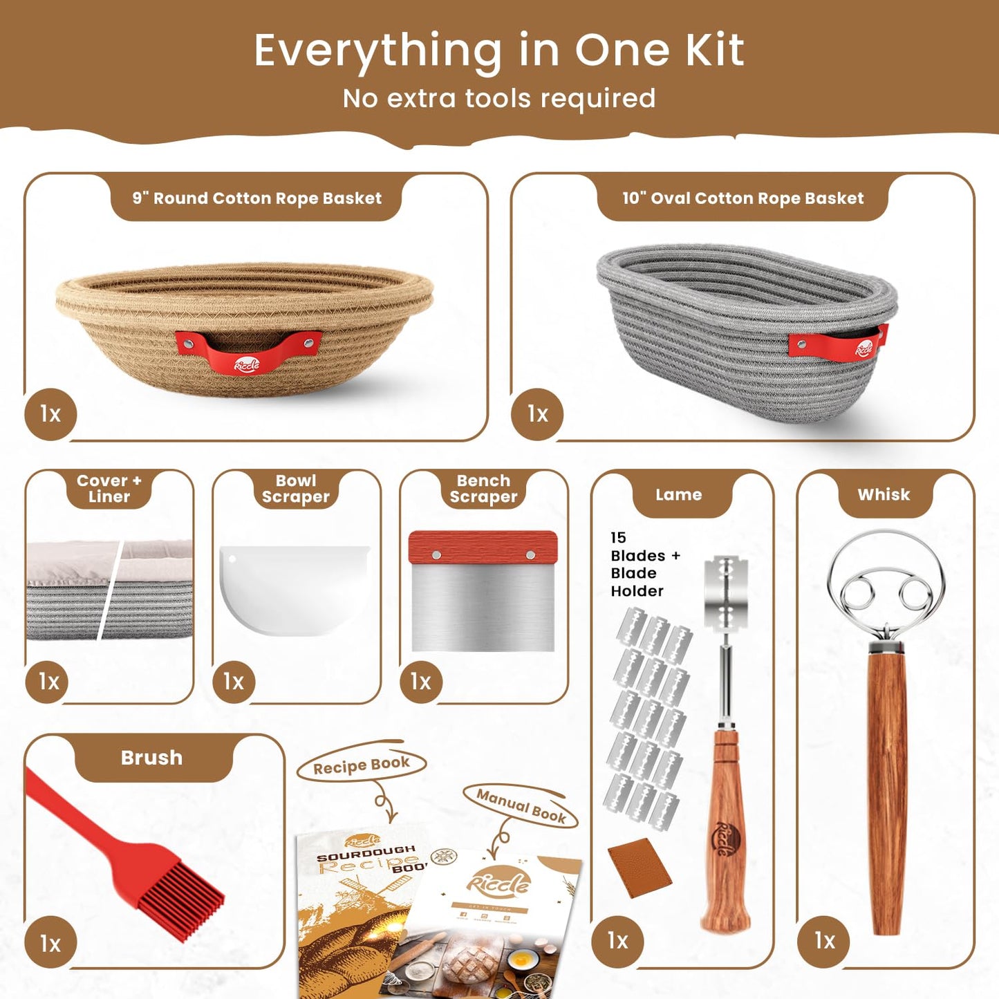 Riccle Sourdough Starter Kit – Bread Baking Supplies & Bread Making Tools with Cotton Rope Proofing Basket (9” Round & 10” Oval), Bread Lame with 15 Blades, Dough Whisk, Bowl Scraper & Silicone Brush