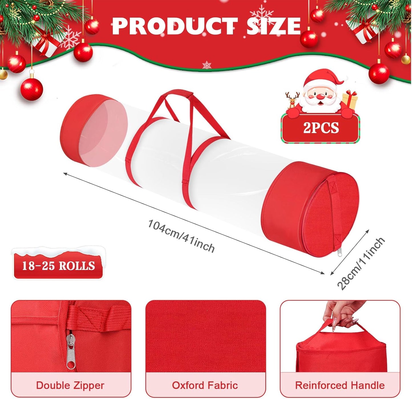 Skiennix Christmas Gift Wrapping Paper Organizer - Durable 600D Oxford Fabric | Holds 18-25 Rolls, 40 Inch, Red